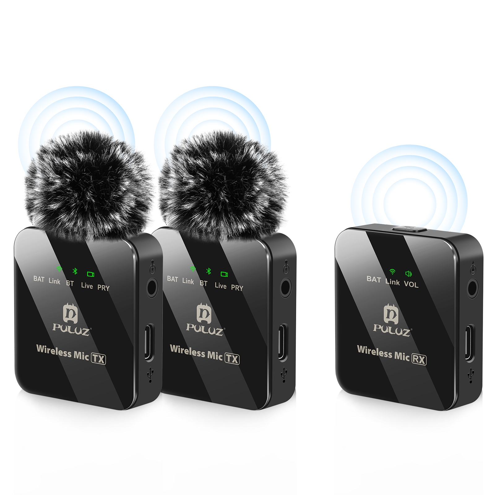 (Available now)PULUZ 2 TX + 1 RX Wireless Lavalier Microphone (Black)