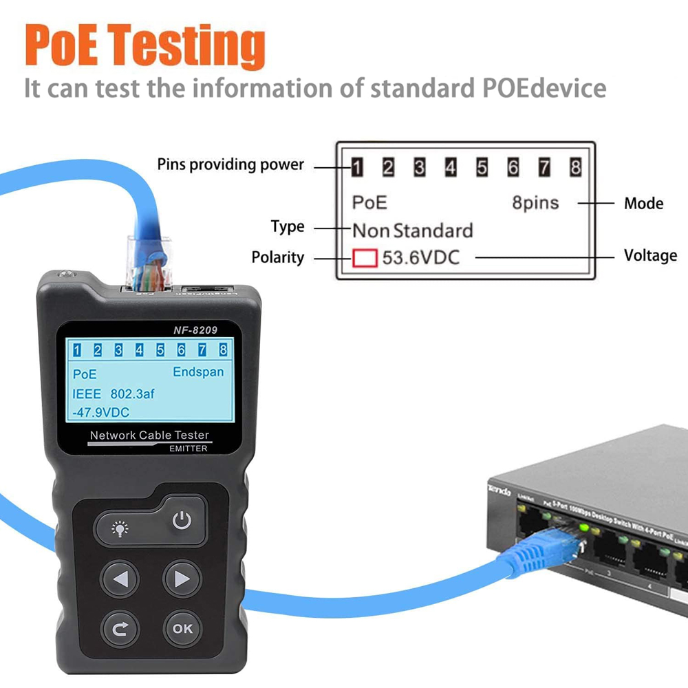 NOYAFA NF- 8209 Network Cable Tracker Cat5 Cat6 PoE Tester Detect Voltage Measure Fault Distance Cable Tester with NCV Lamp. 
