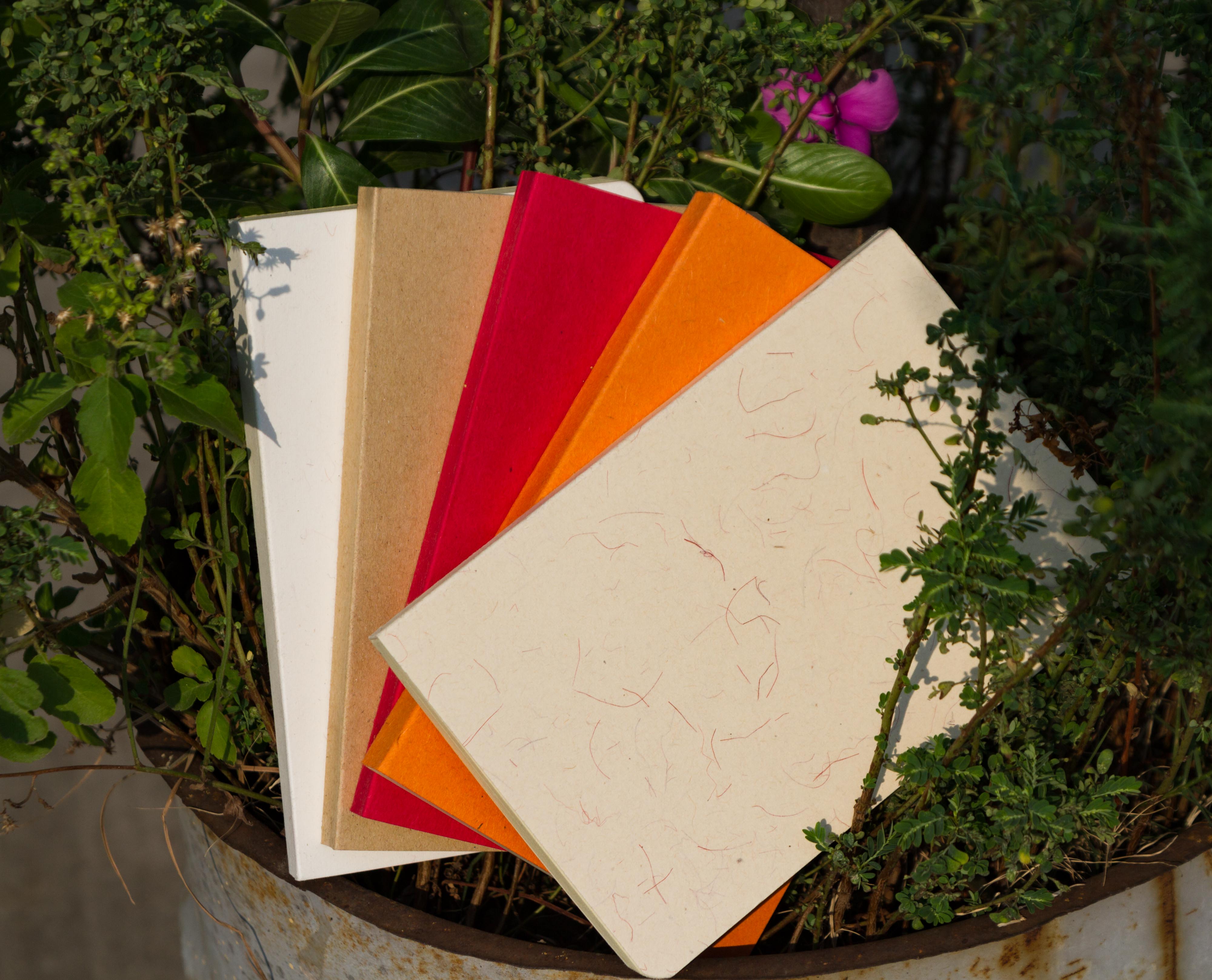 Tent Series Yellowish Page Hand Made Texture Grey, Kraft, Orange, Red & Texture White Cover Notebook 5-Pack. 
