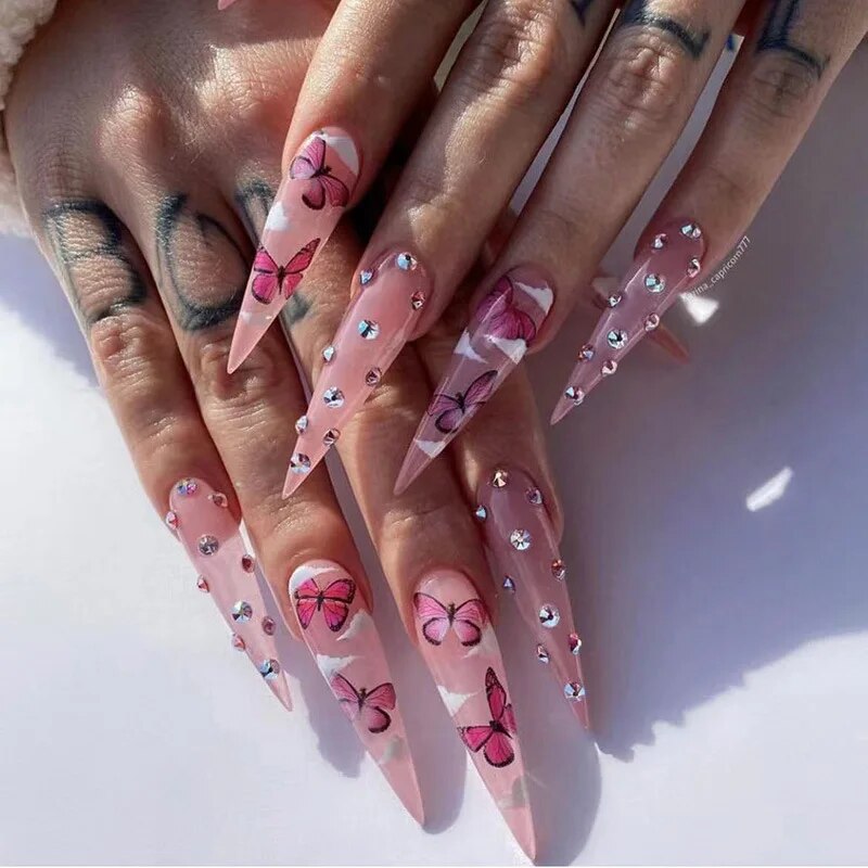 24Pcs False Nails With Glue Almond Pink Butterfly Design Detachable Rhinestones Acrylic Nails long stiletto Press On Nails. 