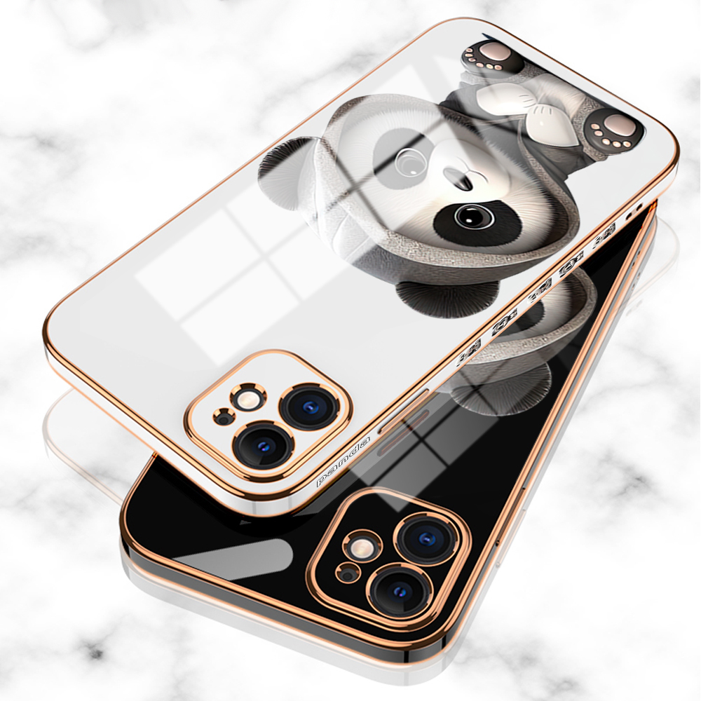 Hontinga for OPPO A76 A36 Back Cover With Free Strap Luxury 6D Plating Cute Panda Side Pattern Case Soft Silicone Square Mobile Cover. 