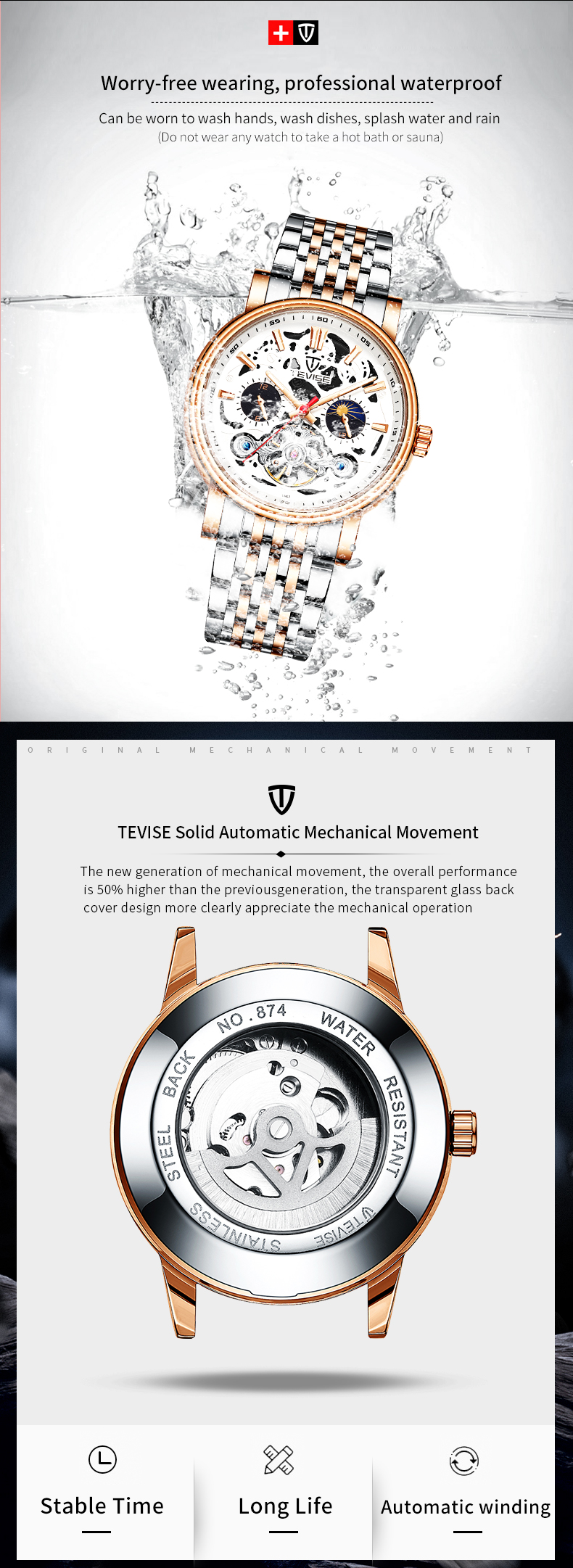 TEVISE T867 Luxury Branded Watches Automatic Wrist Watch Stainless Steel Men Skeleton Watch for gift
