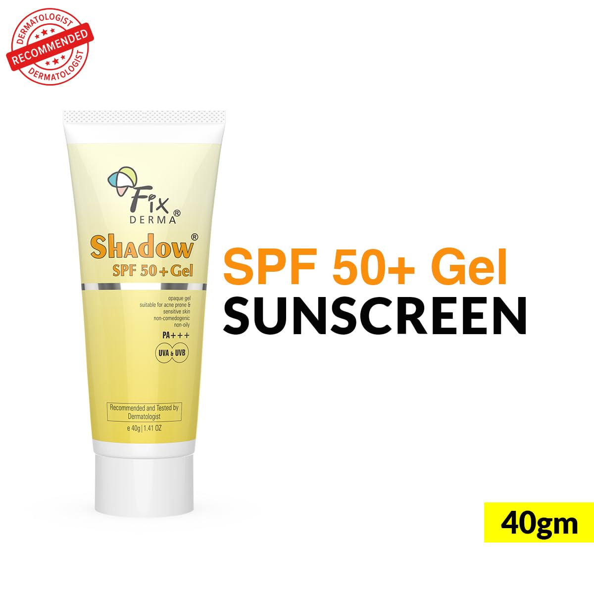 FIXDERMA Shadow Sunscreen Spf 50+ Gel For Oily Skin, Body & Face, Broad Spectrum For Uva & Uvb Protection For Unisex, Non Greasy & Water Resistant, 40g. 