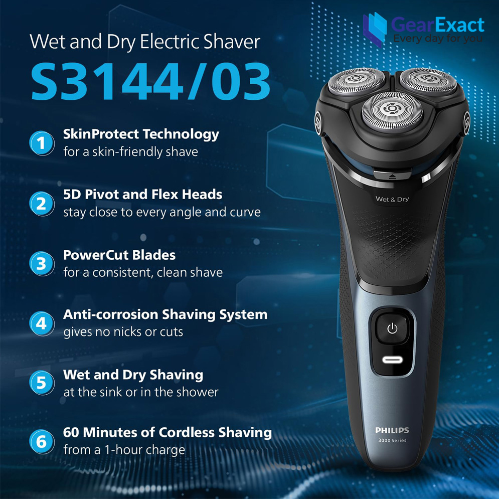 Philips S3144/03 Wet & Dry Electric Shaver 5D Floating 3000 Series for Men. 