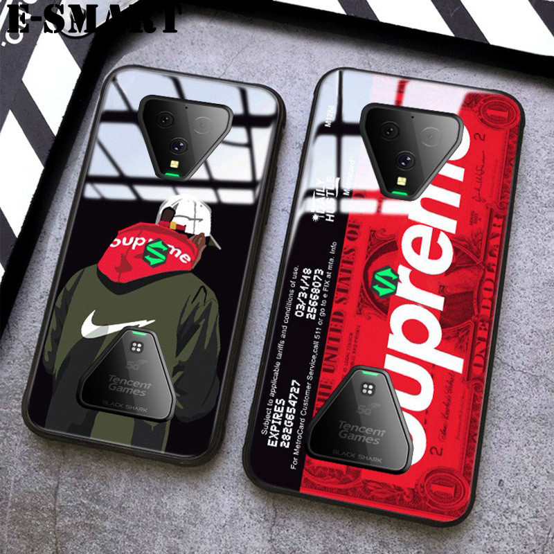 Supreme Phone Case Black Shark Back Cover Tempered Glass