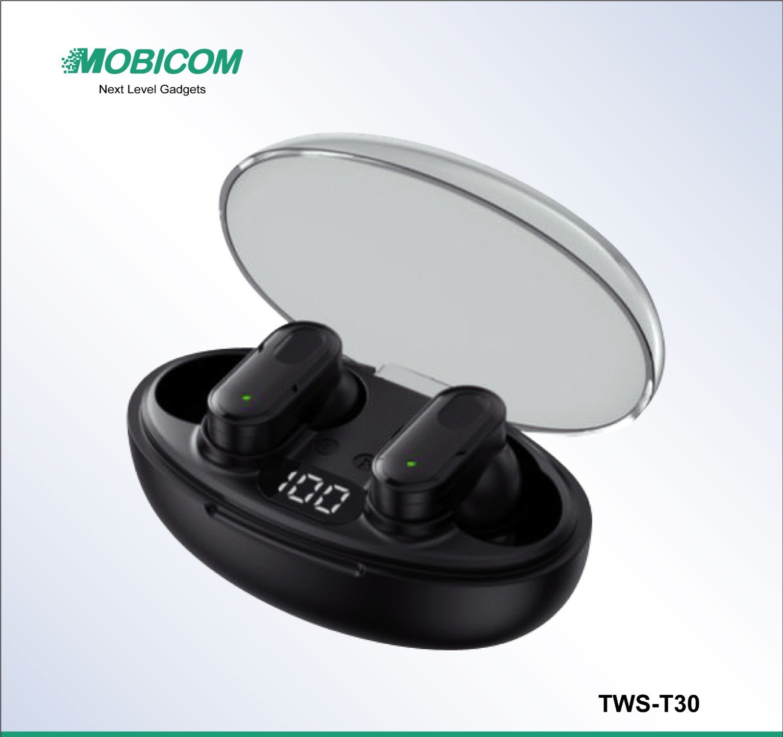 Mobicom TWS-T30 High-quality Bluetooth earbuds with 13mm large dynamic coil and led digital display - deep bass. 