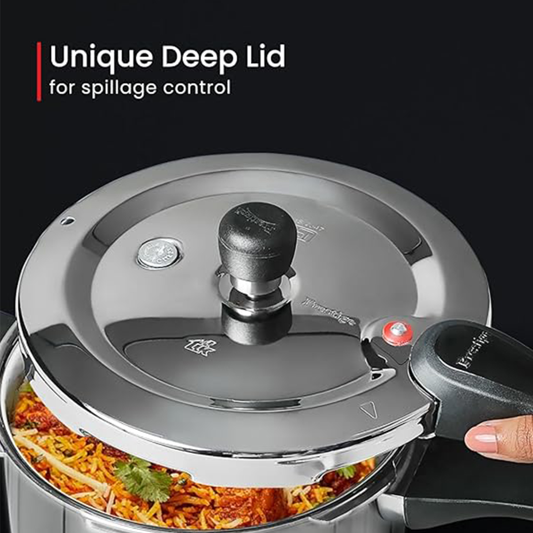 Prestige Triply Outer Lid Induction Compatible Pressure Cooker |Silver | Deep Lid Spillage Control | Even heat distribution-6Ltrs. 