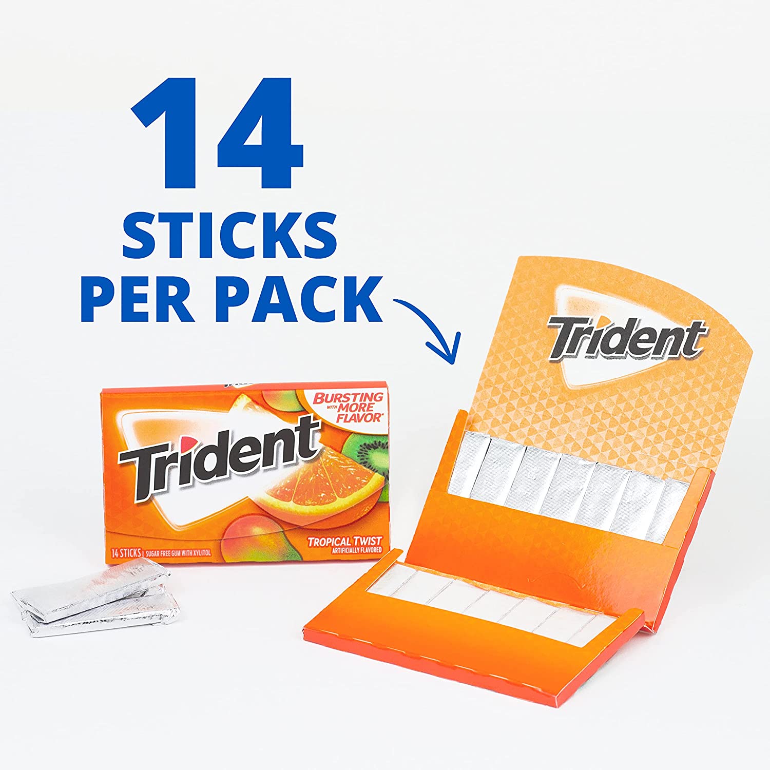 Trident Sugar Free Chewing Gum Tropical Twist, 14 Sticks. 