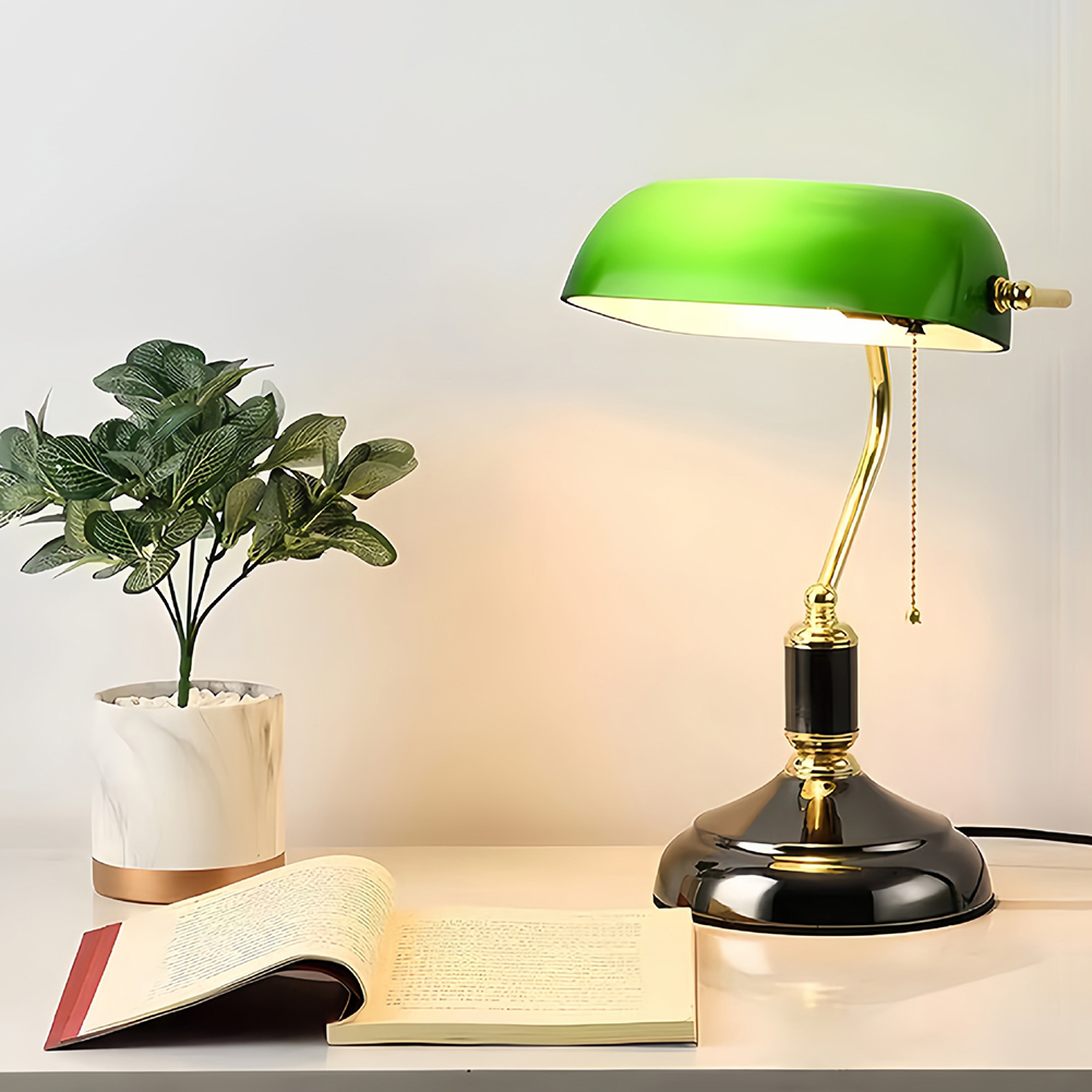 GC Vintage Desk Lamp Green Glass Antique Table Lights With Brass Base Wireless Rechargeable Pull Chain Traditional Library Lamp. 