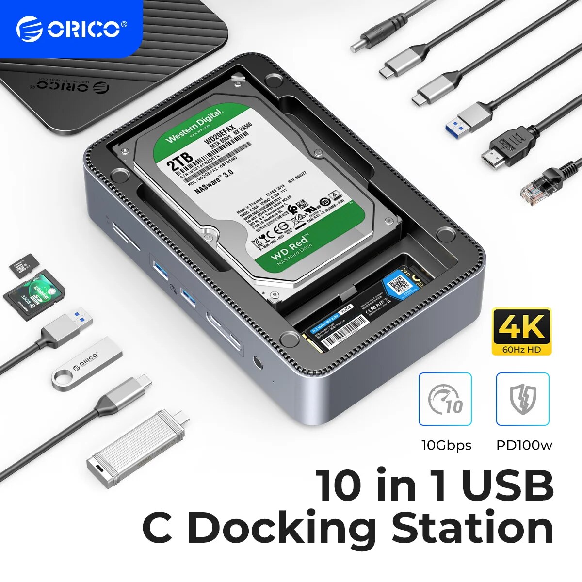 ORICO Docking Station Deck with Dual M.2 NVME SSD Case 3.5 Hard Drive Enclosure Steam Dock 10 in 1 HDMI 4K60Hz PD100W Ethernet. 