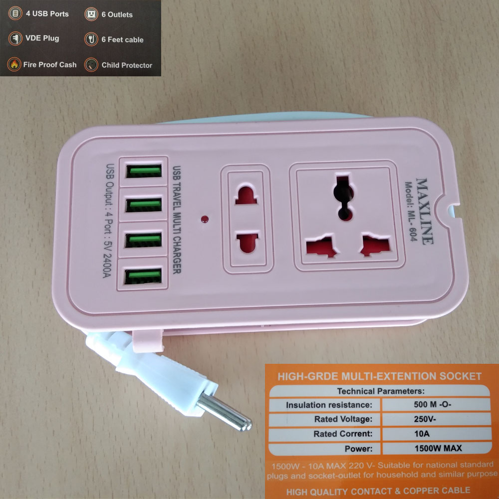 Maxline 4 USB Fast Charger and 2 Power Socket Multiplug. 