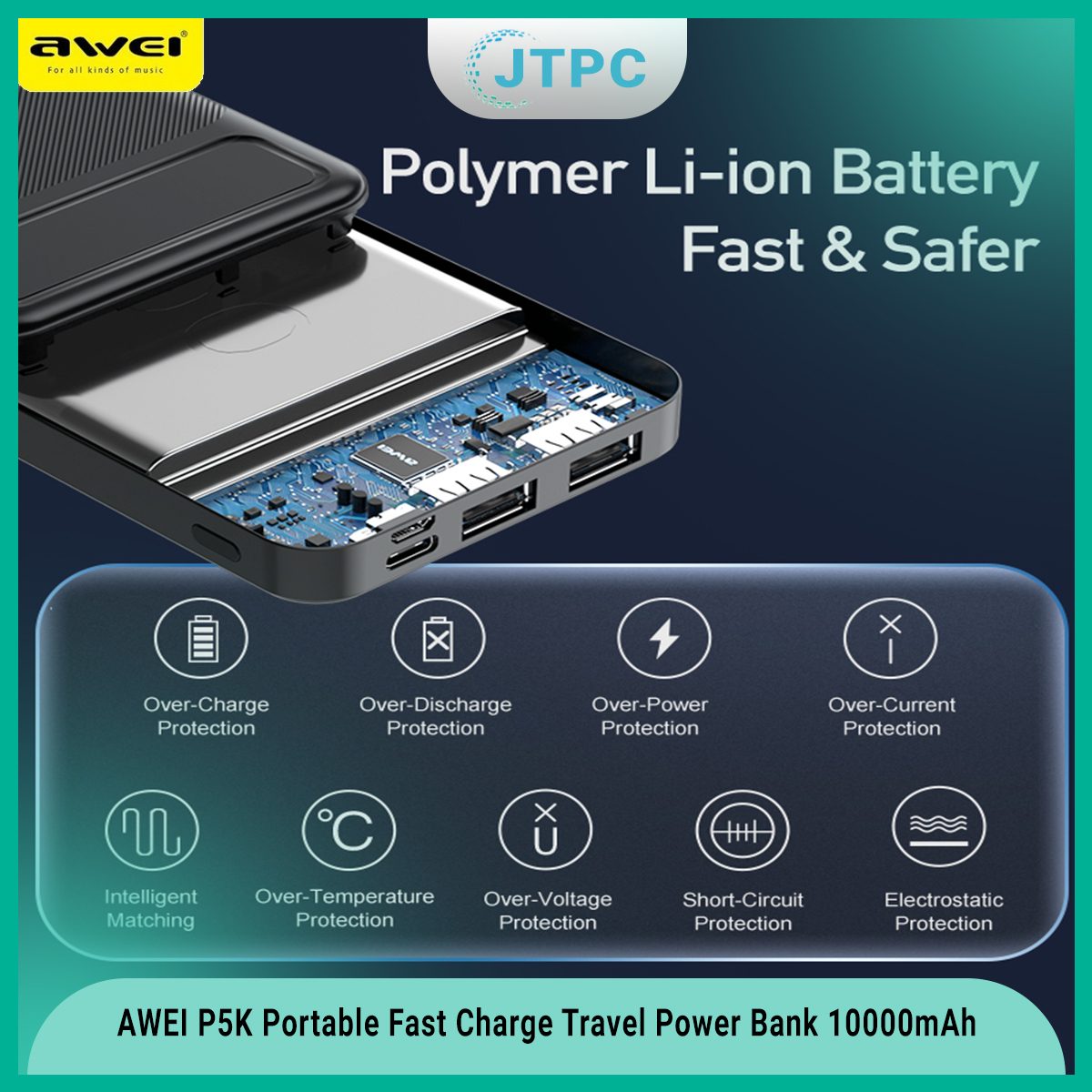 AWEI P5K Portable Power Bank 10000mAh Power bank Dual USB A Type c Micro Dual input Fast Charge Travel Powerbank For Mobile Phone. 