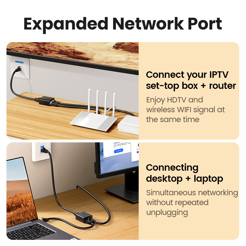UGREEN RJ45 Splitter 1 to 2 Ethernet Adapter Internet Network Cable Extender RJ45 Connector Coupler for PC TV Box Router Cat6. 