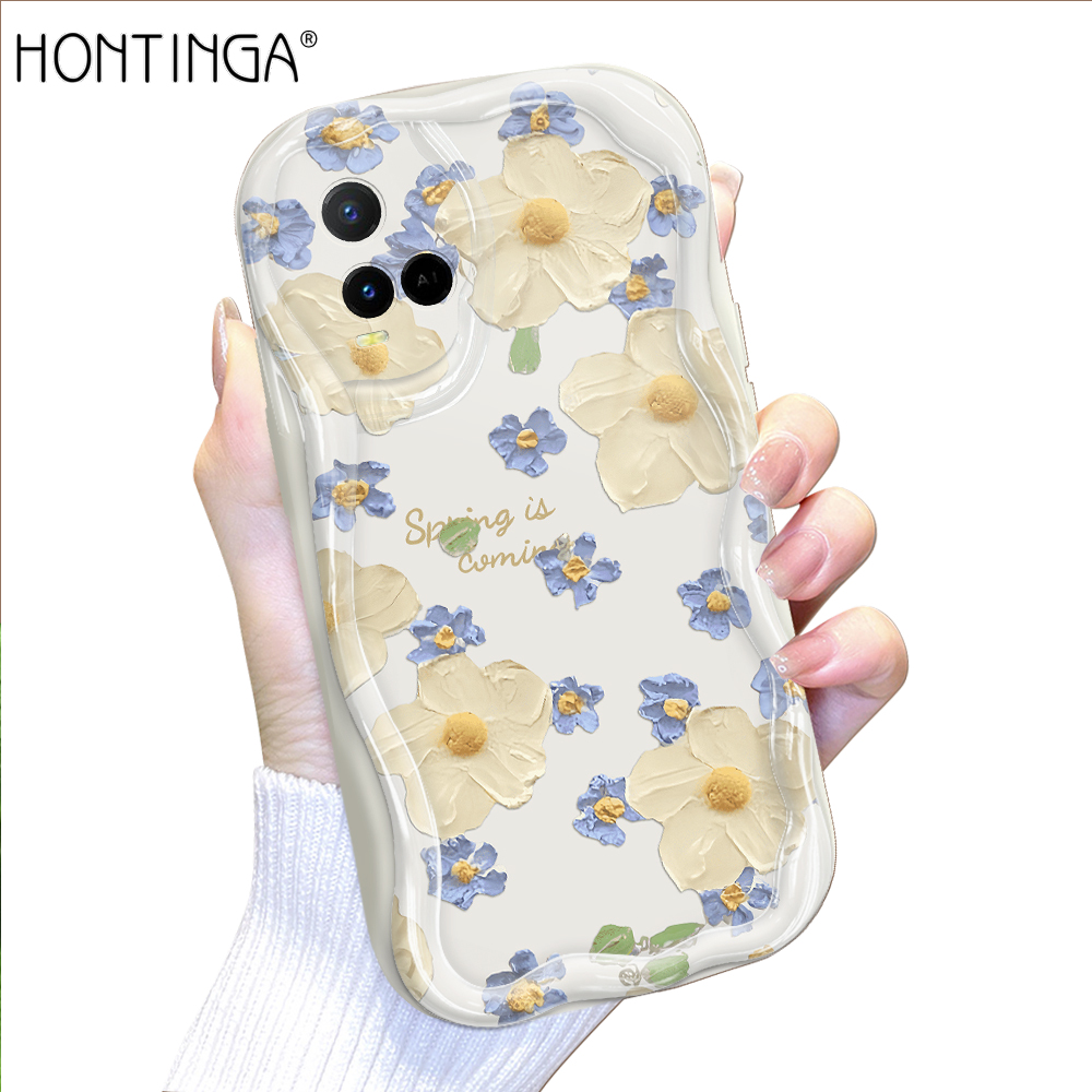 Hontinga for Vivo Y33S Y21 2021 Y21T Y21S Y21A Y33T T1X Back Cover Multicolor Flower Cream Texture Phone Case Wavy Edge Soft Silicone Cover