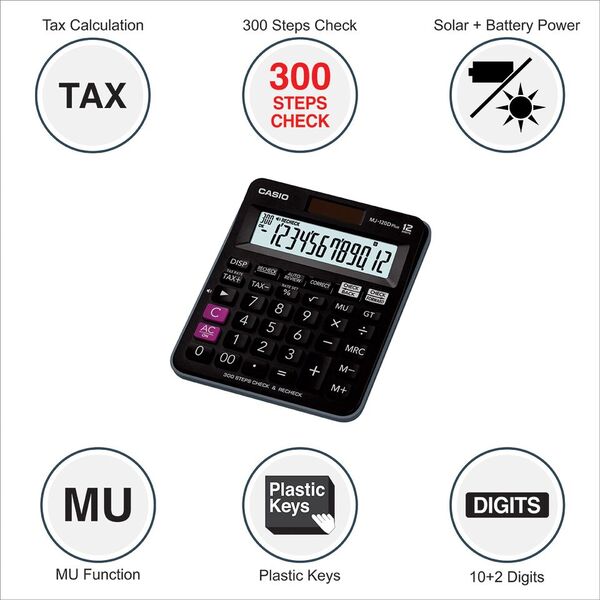 Casio MJ-120DPLUS-BK Solar and Battery Powered Basic Calculator - Black. 