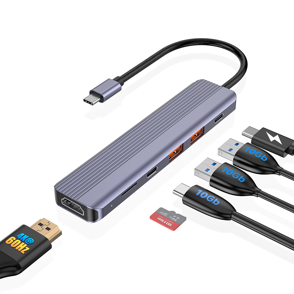 FORIDA USB Hub 6 in 1 USB 3.2 Hub Type C to USB C A 3.2 Ports 4K@60HZ HDMI 100W PD Micro SD 3.0 Card Reader for MacBook Pro