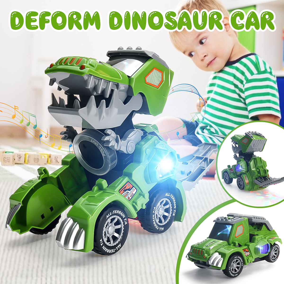 Practical Kids Electric Deform Dinosaur Car Toy with Music Flashing Lights