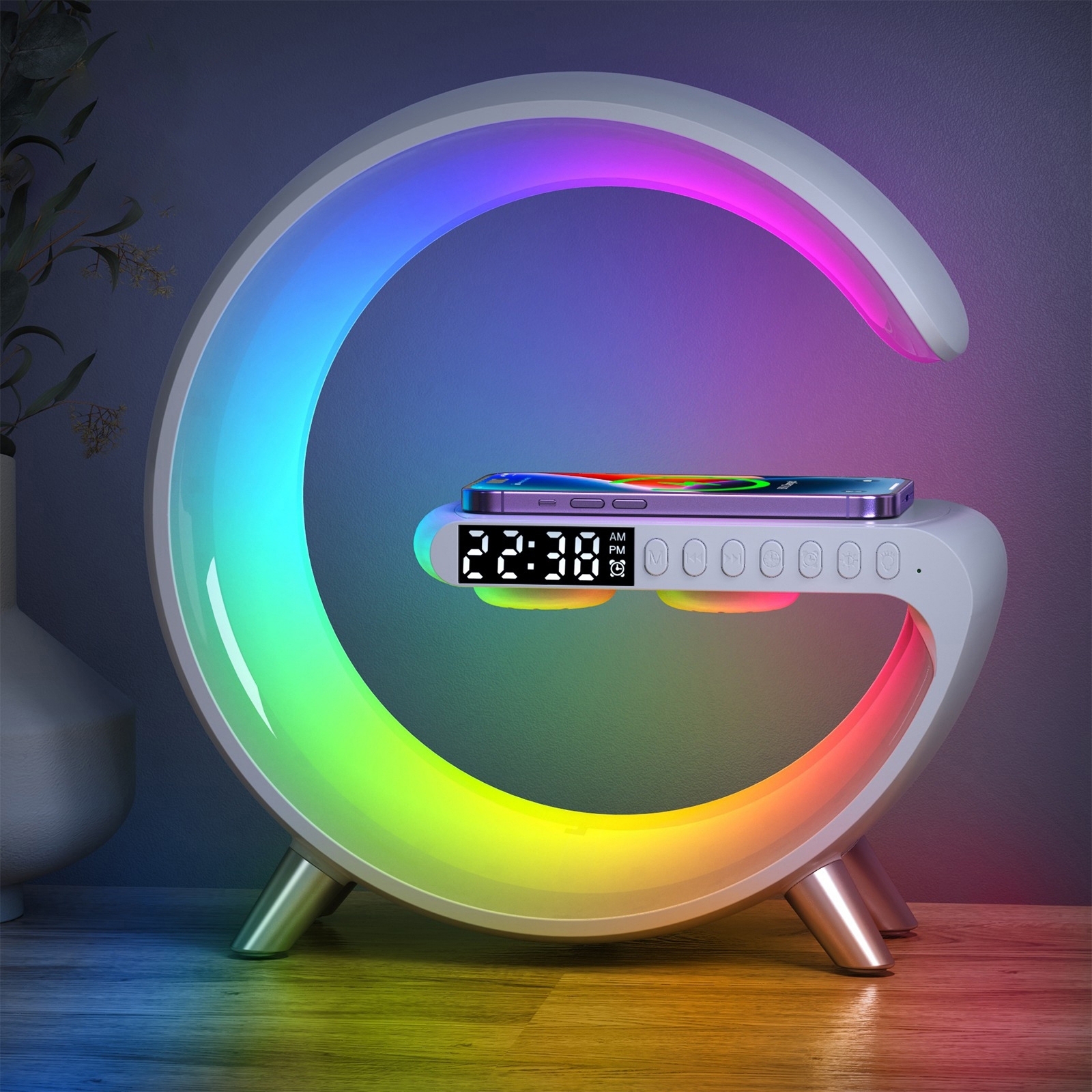 N69-1 Bluetooth Speaker with Wireless Charger & Alarm Clock & Ambient Light