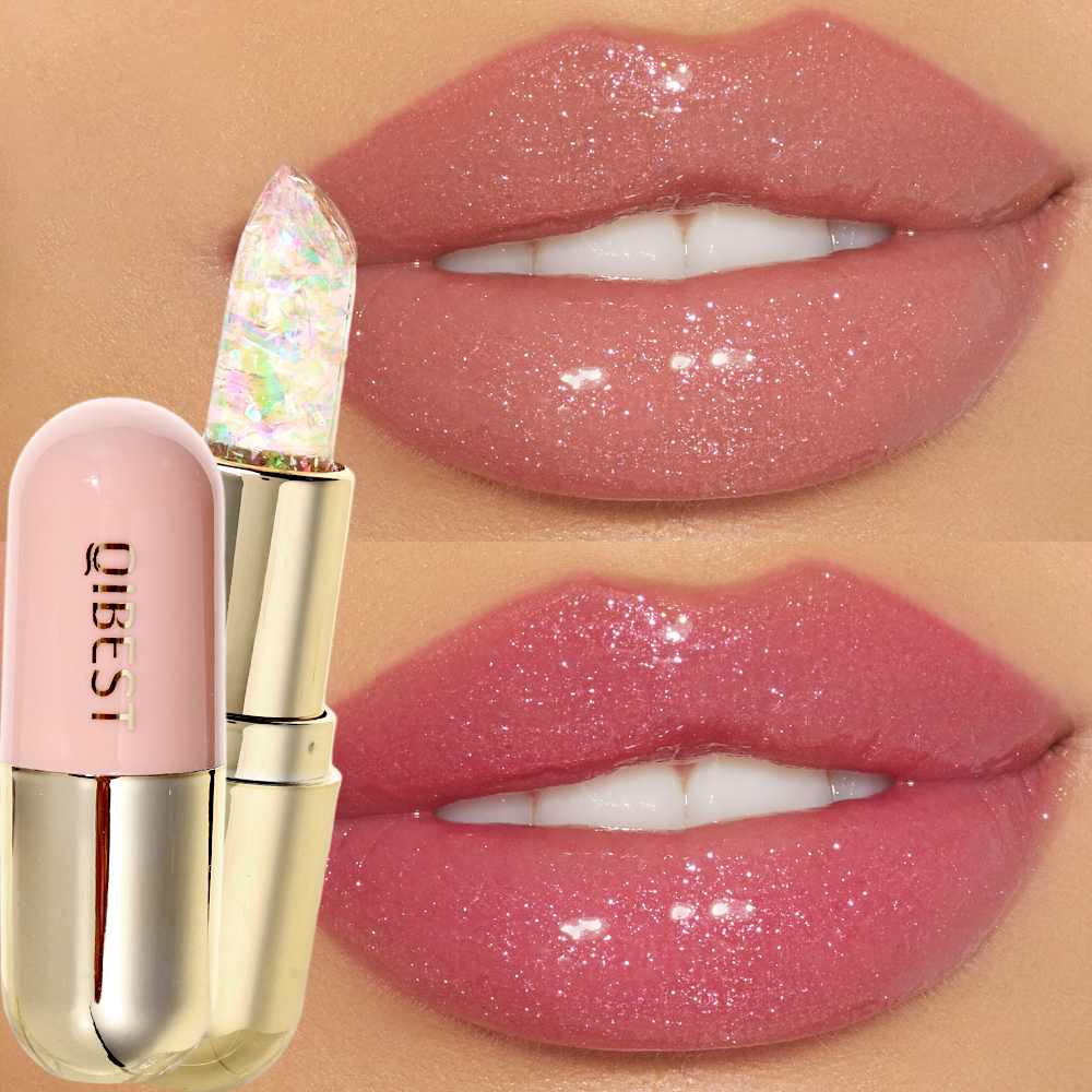 Soft Jelly Lipstick Color Changing Glossy Hydrating Moisturizing Glitter Lipstick Sparkling Sequins Turning Red Shade Lip Balm. 