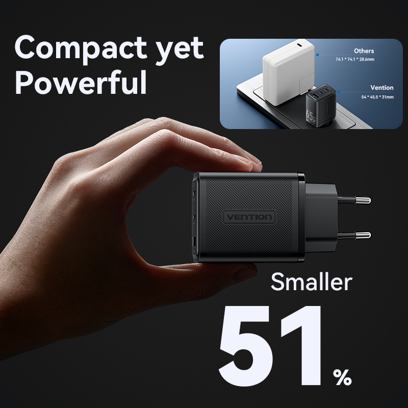 Vention 65W GaN 3 Port USB Type C Fast Charger Quick Charge 4.0 3.0 Type C PD USB Charger for iPhone 15 14 13 Pro Max Samsung S23 S22. 