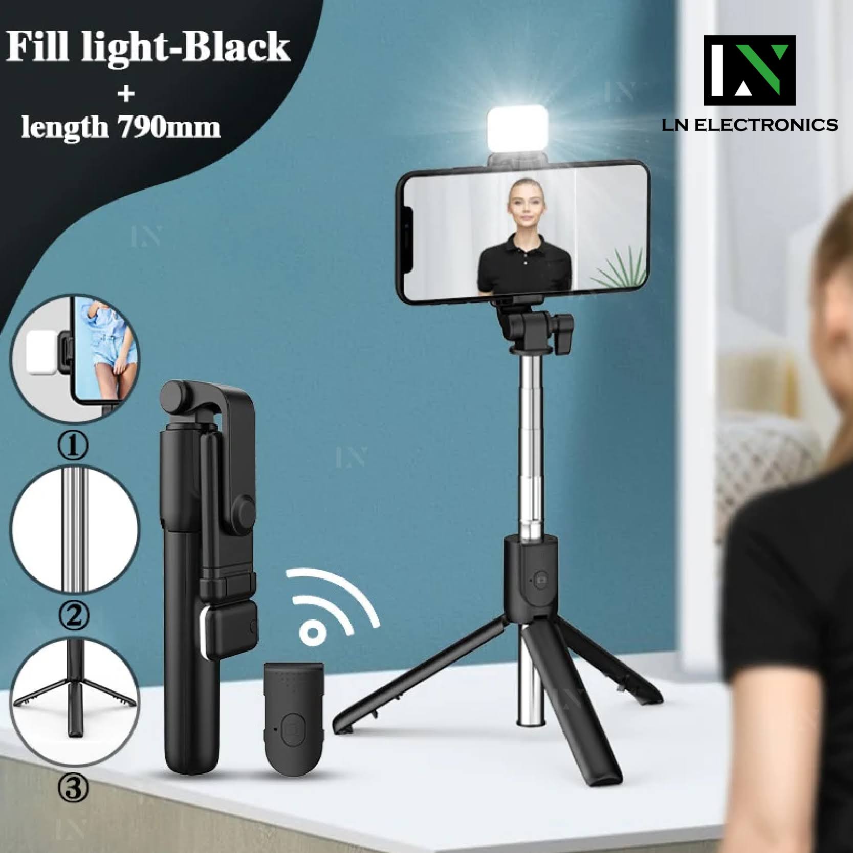 Content Creators Combo Package Selfie Stick with LED Light and K8 Wireless Type C Microphone. 