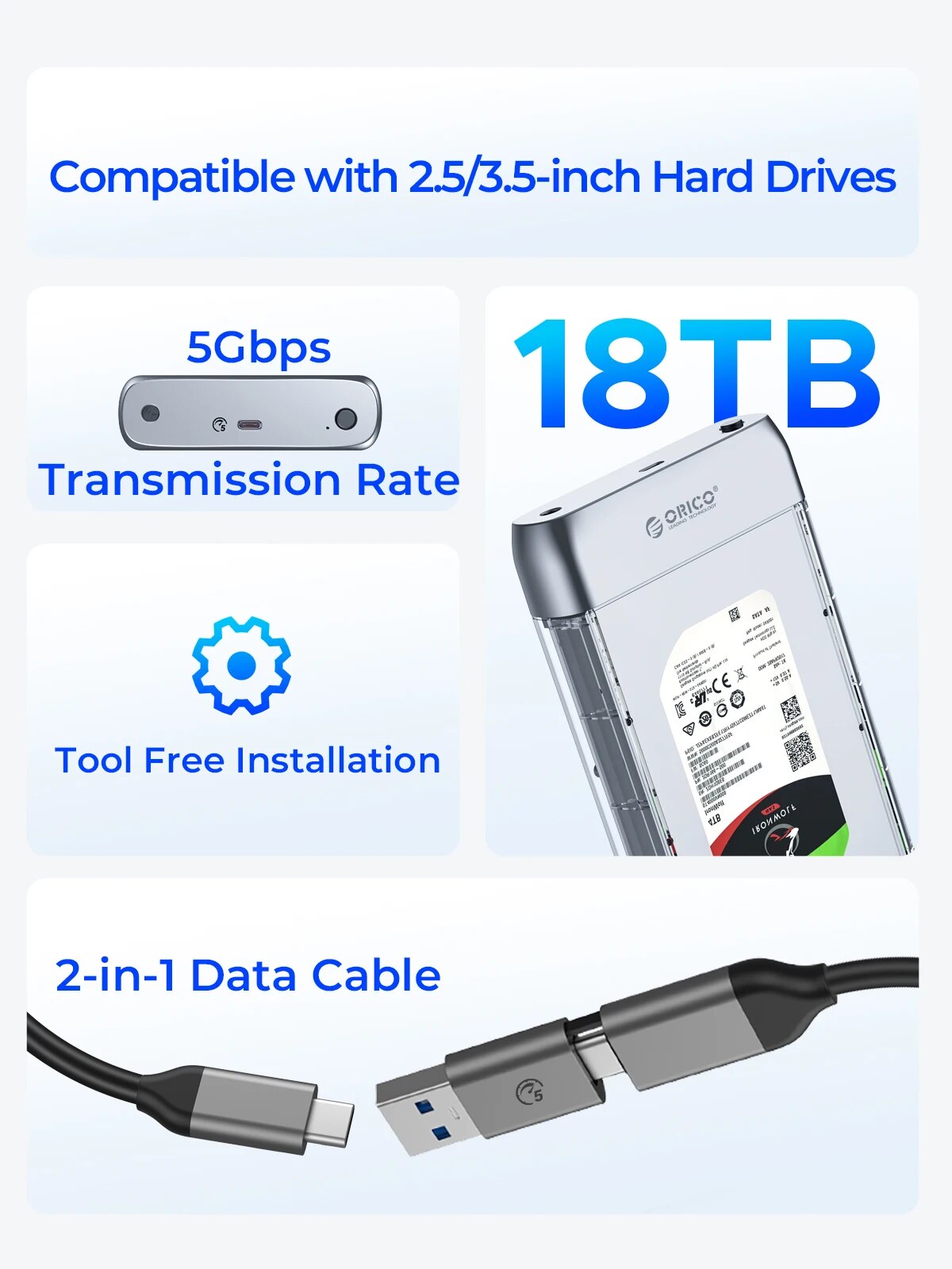 ORICO 3.5 inch Transparent Type-C 5Gbps Hard Drive Enclosure Metal HDD Case Support Auto Sleep for PC Laptop Notebook. 