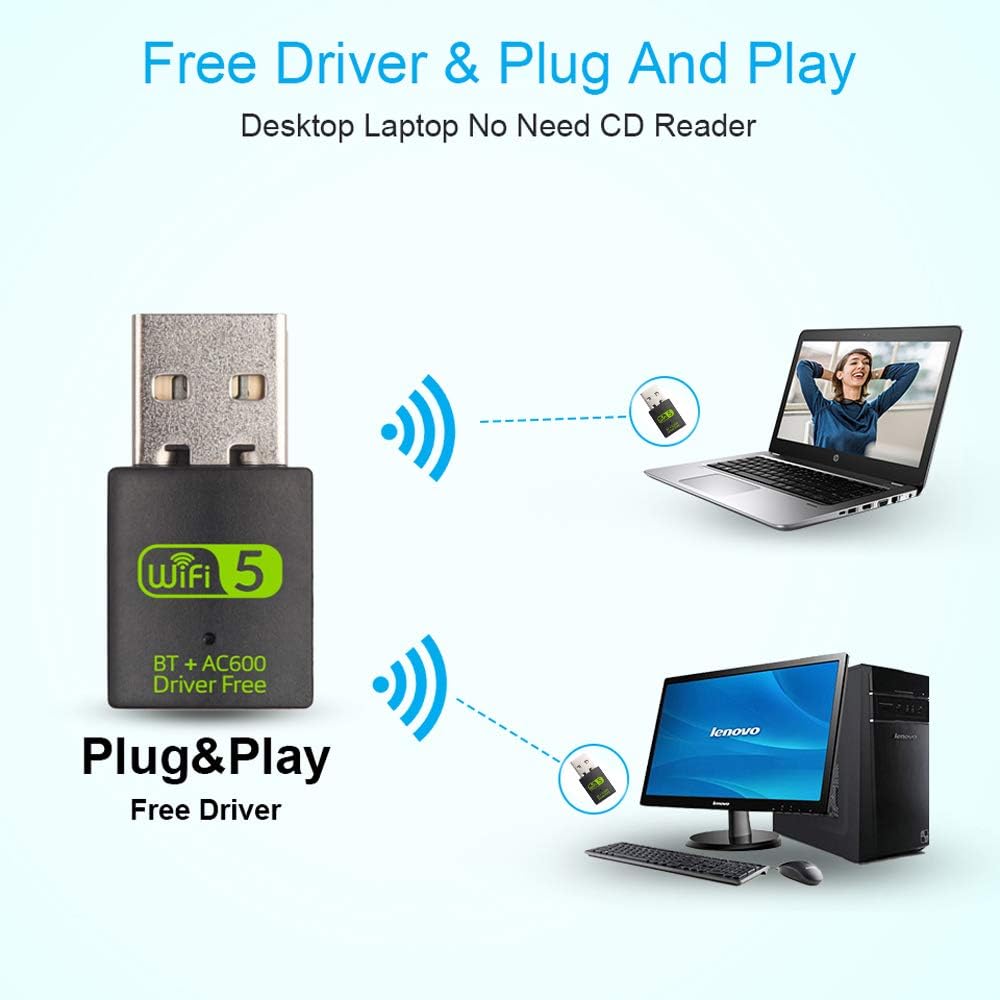 USB WiFi Bluetooth Adapter, 600Mbps Dual Band 2.4/5Ghz Wireless Network External Receiver, Mini WiFi Dongle for PC/Laptop/Desktop. 