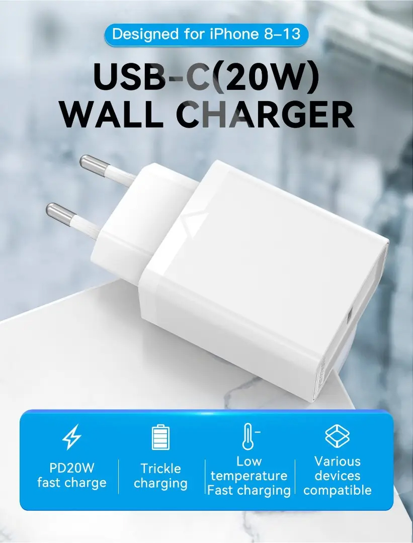 Vention FADW0-EU 22W PD 3.0 Quick Charging Adapter with 3A USB-C to USB-C Cable. 