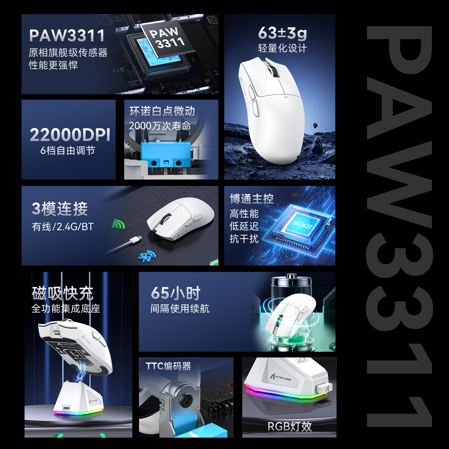 Attack Shark X11 Mouse Lightweight PAW3311 E-sports Games Three-mode Wireless Bluetooth Mouse Charging RGB Bottom. 