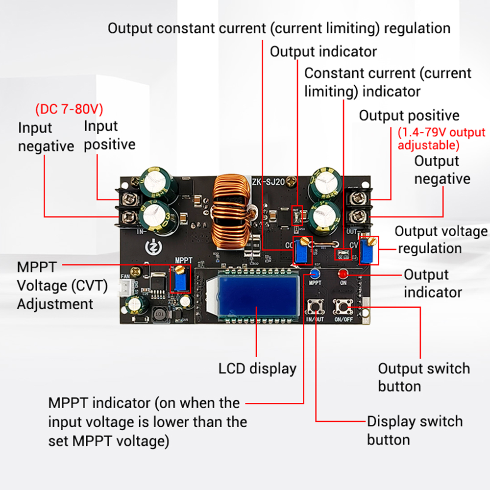 ZK-SJ20 300W Buck Converter CC CV Power Supply Module DC 7-80V to 1.4-79V 20A Adjustable Voltage Regulator Voltmeter Step-Down. 