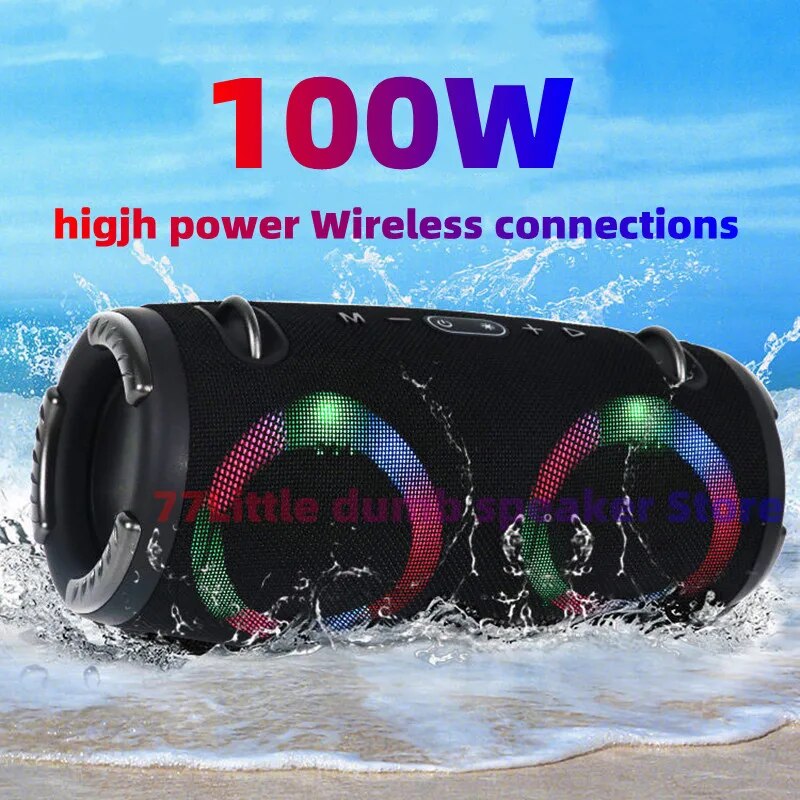 100W high power wireless TWS subwoofer portable waterproof card speaker RGB colorful rotating flashing light bluetooth speaker