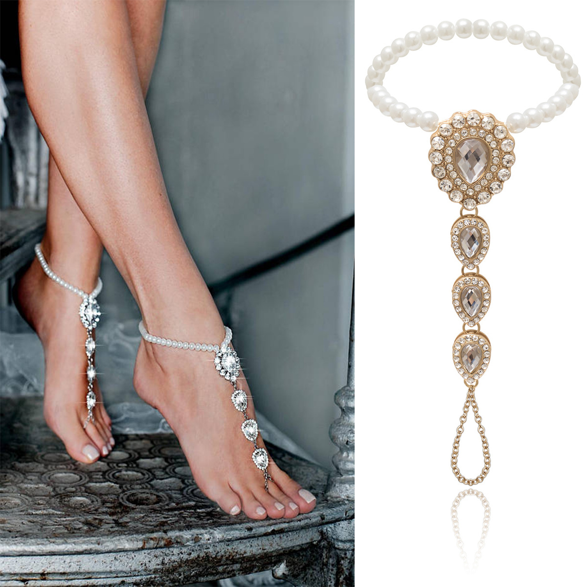 European and American cross-border jewelry, geometric micro-embellished beach-style footwear, exaggerated drop-shaped diamond-encrusted mitten pearl anklet
