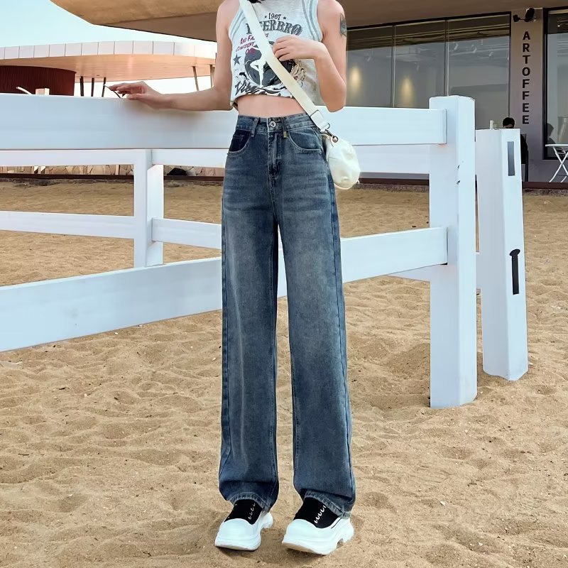 Narrow wide-leg jeans women's summer 2023 new high-waisted loose drape slim contrasting straight pants ins