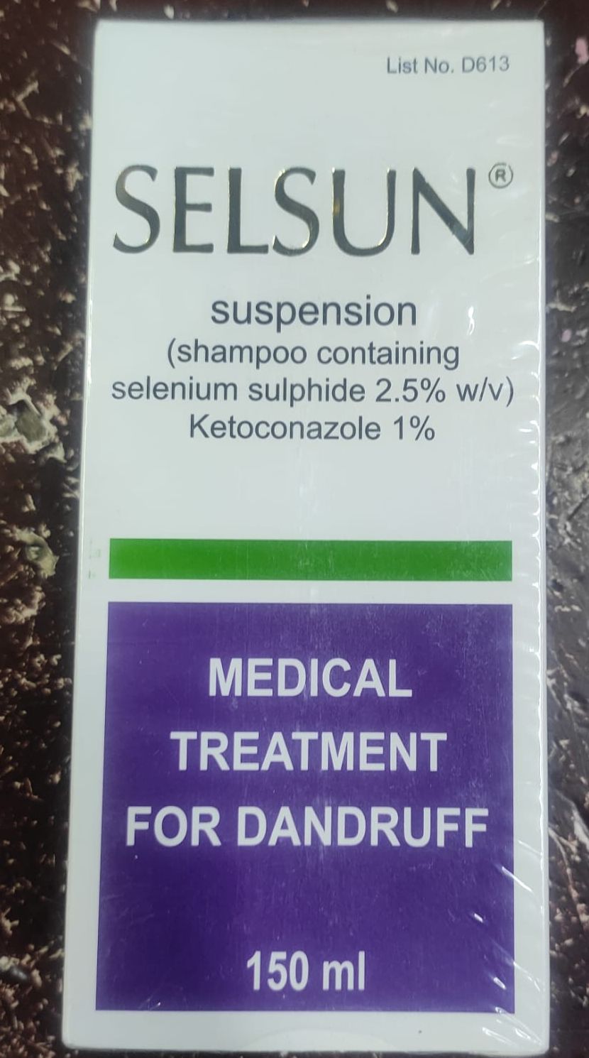 International UK Product Selsun Suspension shampoo containing selenium sulfide 2.5% w/v ketoconazole 1% -150ml
