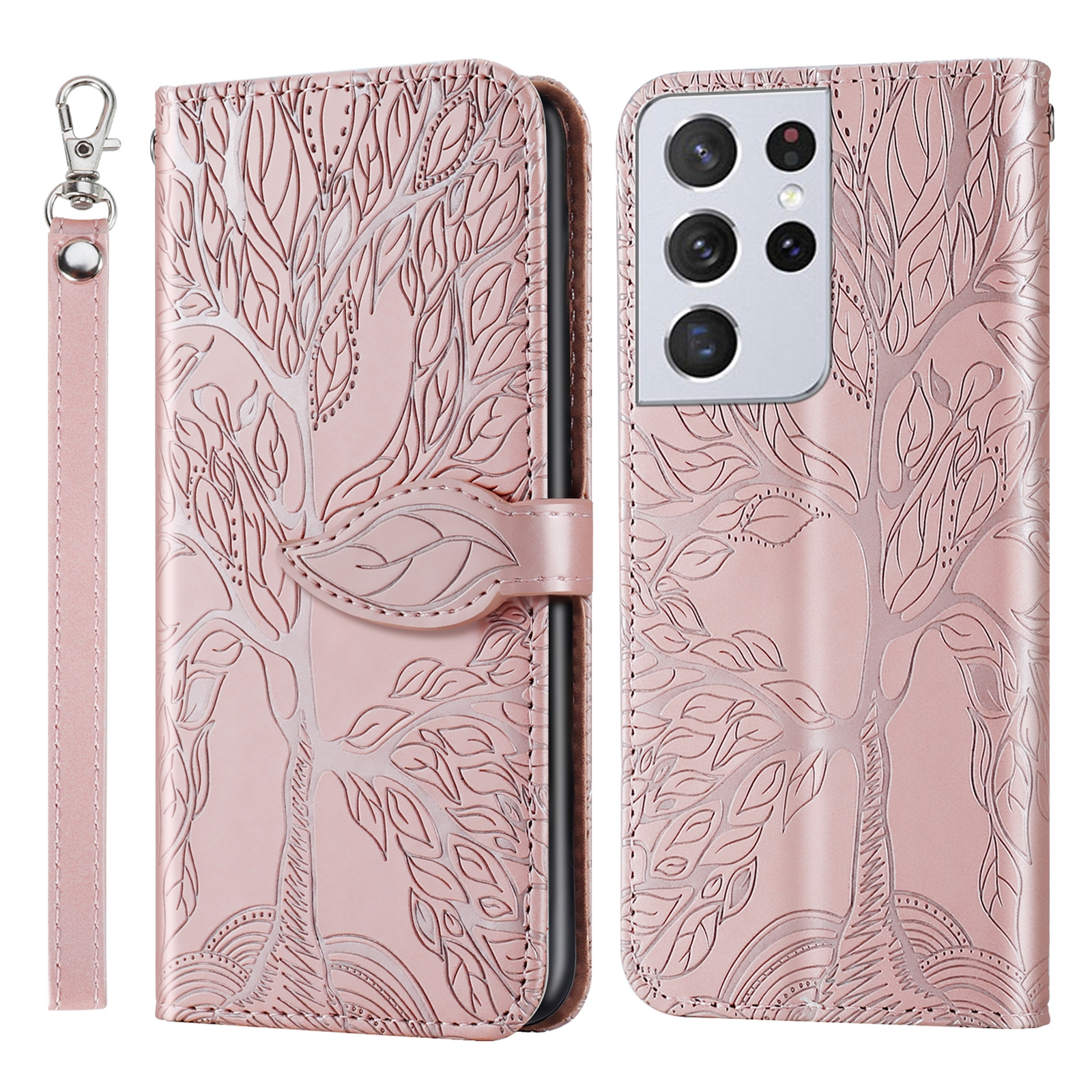 For Samsung Galaxy S21 Ultra 5G Life of Tree Embossing Pattern Horizontal Flip Leather Case with Holder & Card Slot & Wallet & Photo Frame & Lanyard