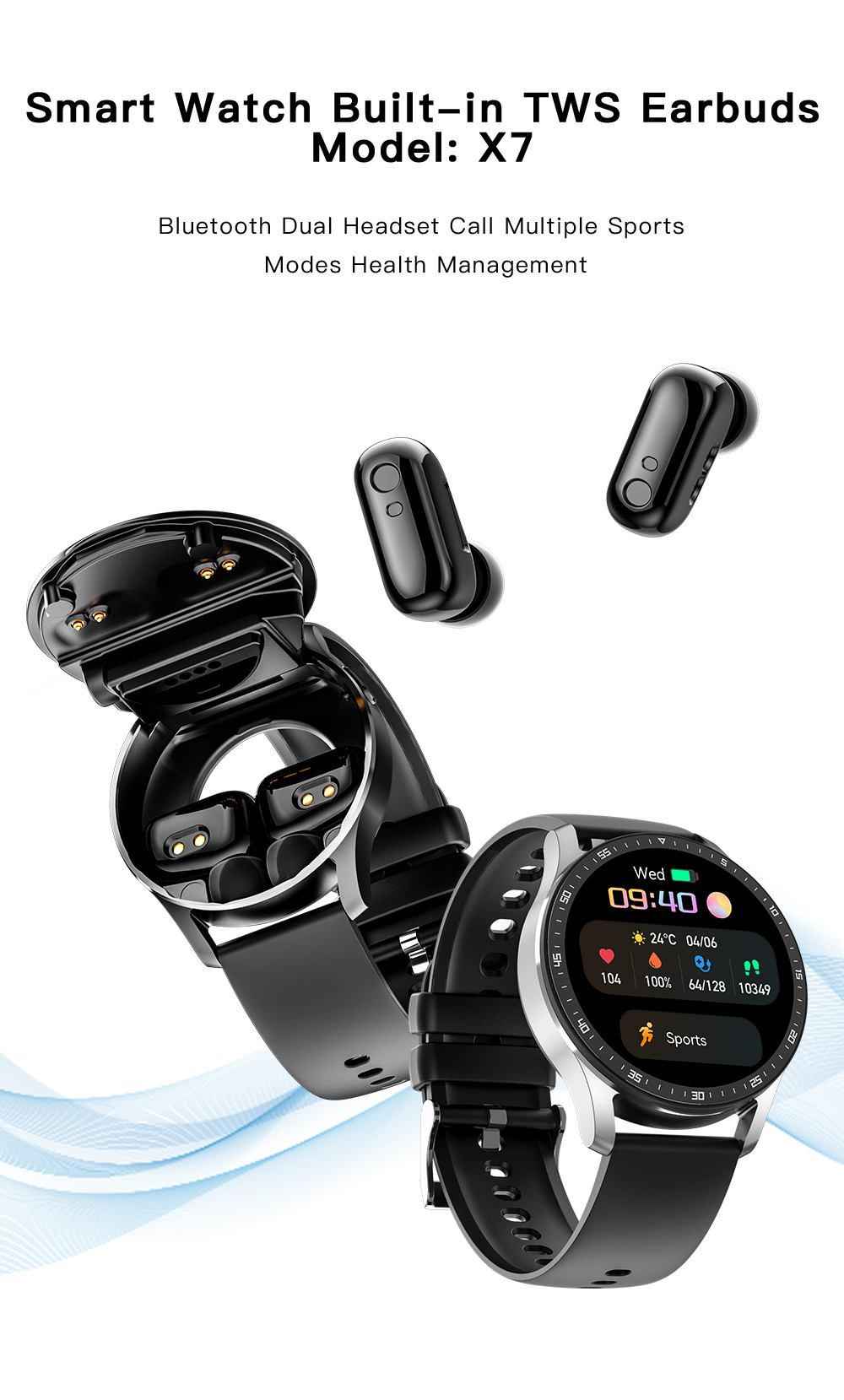 GEJIAN X7 Headset Smart Watch TWS Two In One Wireless Bluetooth