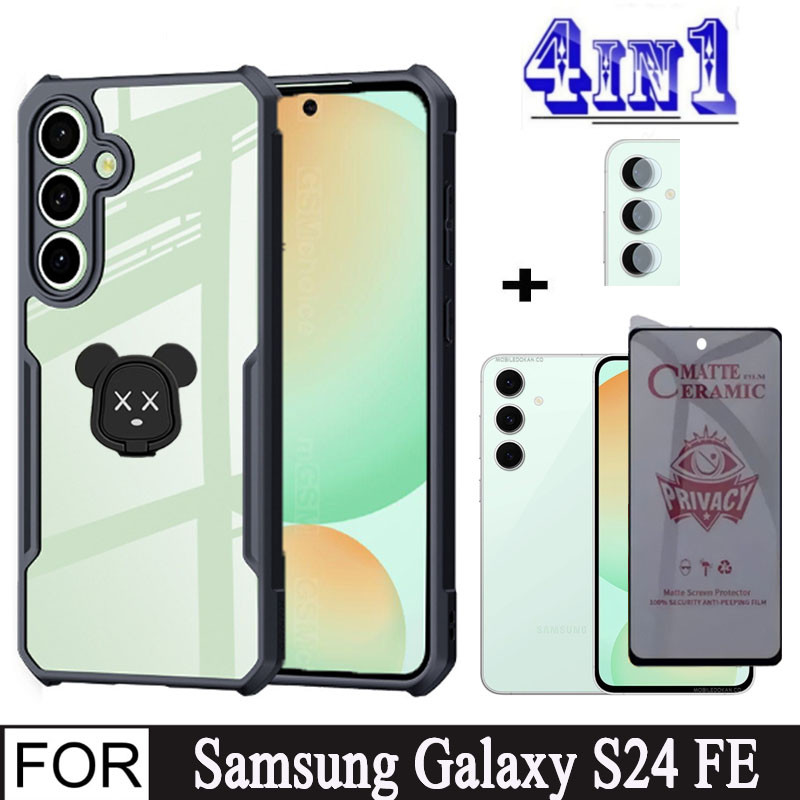 Samsung Galaxy S24FE Shockproof Phone Case for Samsung S24 FE S23FE 4 in 1 Camera Lens Soft Tempered Glass Privacy Screen Protector and Mobile phone holder. 