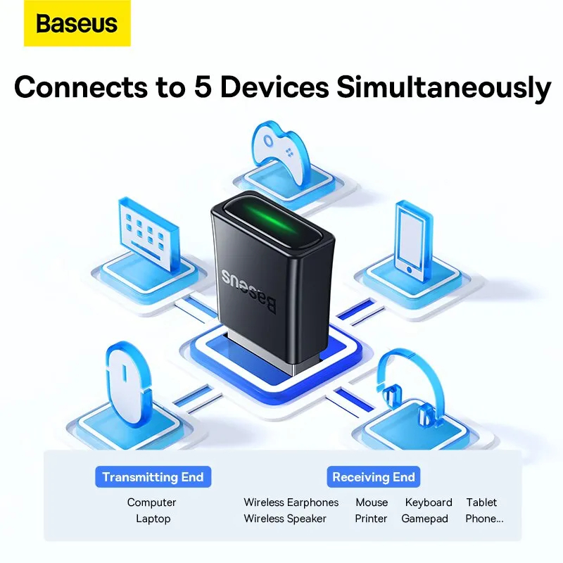 Baseus BA07 USB Bluetooth 5.3 Dongle Adapter for PC Speaker Wireless Mouse Keyboard Music Audio Receiver Transmitter Bluetooth. 