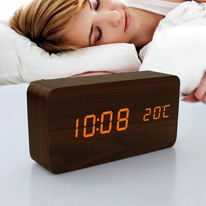 LED Digital Clock Wooden Alarm Clock Table Sound Control Electronic