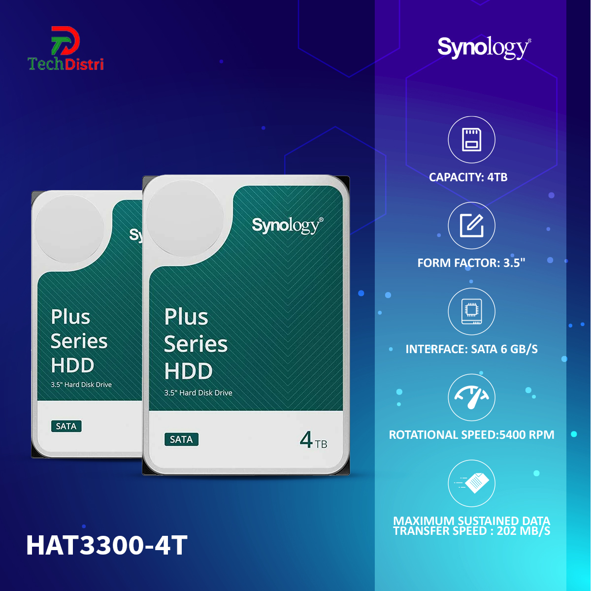 Synology HAT3300 4TB Plus Series SATA HDD 3.5" (HAT3300-4T). 