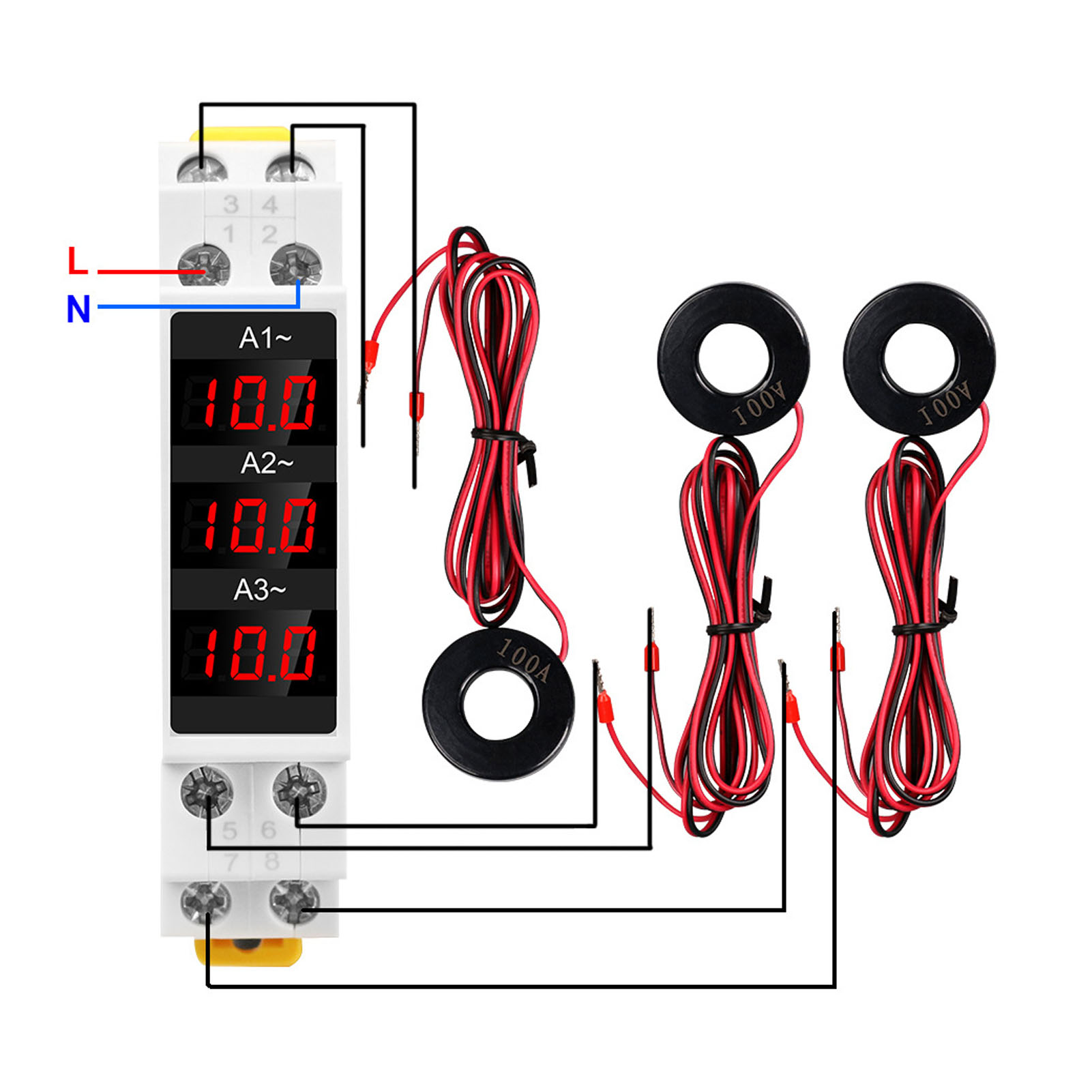 3 Phase DIN Rail Ammeter LED Digital Display High Accuracy Amp Meter with 3 Sensors AC80-500V 1-100A Din Rail Mount. 