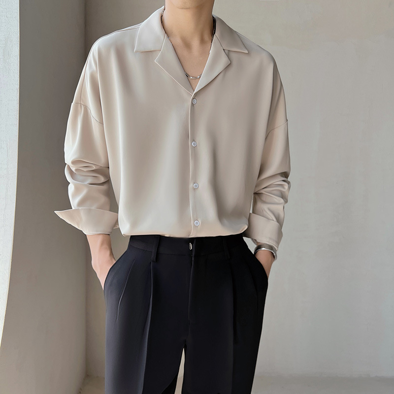 Solid color Cuban collar long sleeved for men stylish casual in summer no ironing with smooth drape and a light mature style. Korean version ice silk shirt