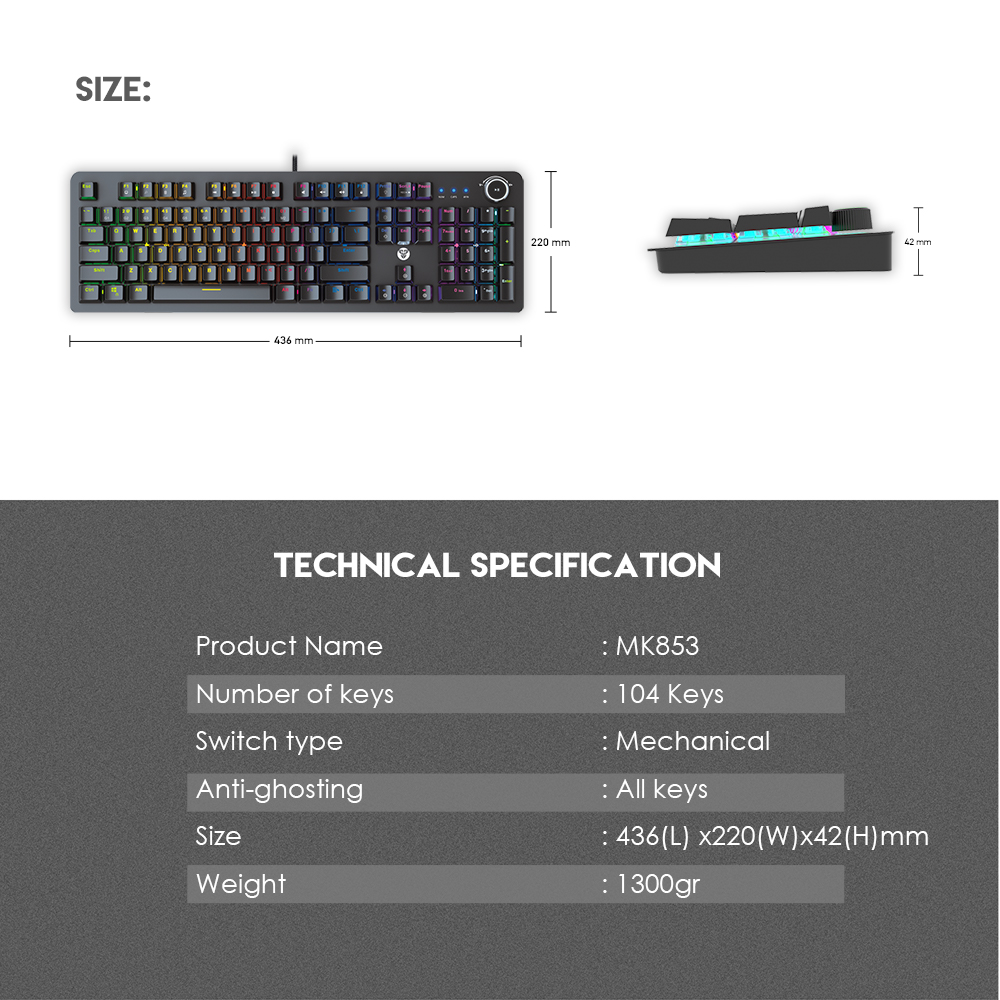 FANTECH MK853 Mechanical Keyboard Blue/Red Switch Ergonomics Backlit USB Wired Gaming Keyboard With Hand Rest For Laptop PC. 