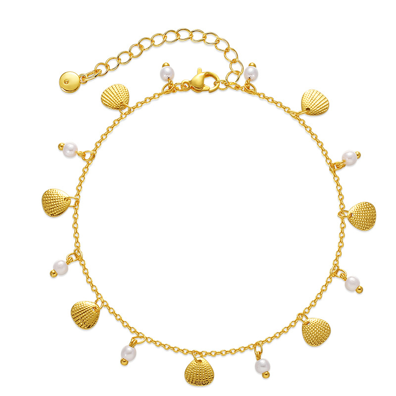 European and American copper plated 18K real gold pearl anklet niche design creative small shell pendant French beach leg chain