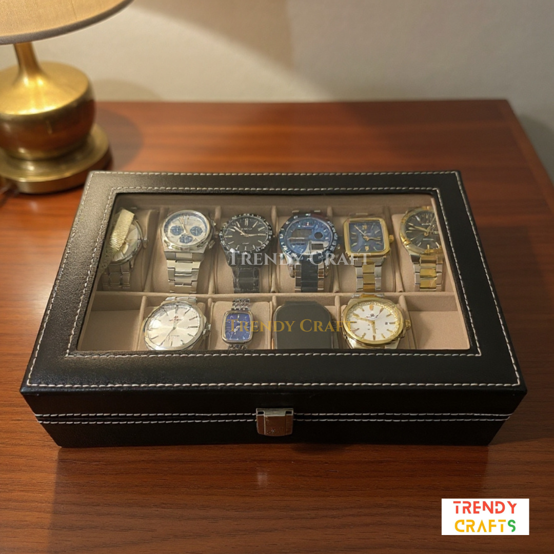 Luxury PU Leather Watch Organizer Case for Men and Women, Durable Display Storage Box with Glass Top