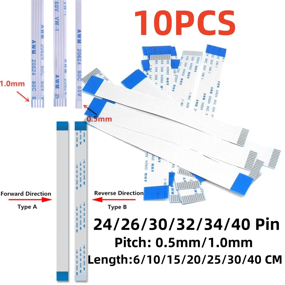 10PCS FPC/FFC Ribbon Flexible Flat Cable 24 26 30 32 34 40 Pin Pitch 0.5/1.0MM Wire Length 6/10/15/20/25/30/40CM Forward Reverse