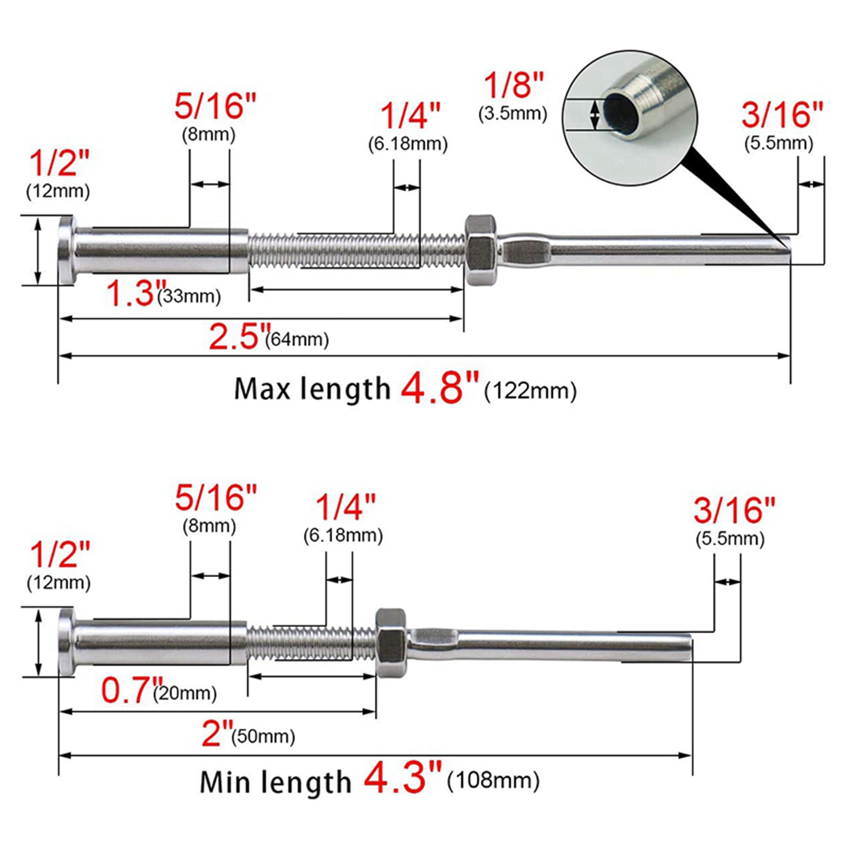 40Pcs Invisible Turnbuckle Hand Swage Threaded Stud Hex Fitting Receiver Terminal for 1/8 Inch Cable Railing. 