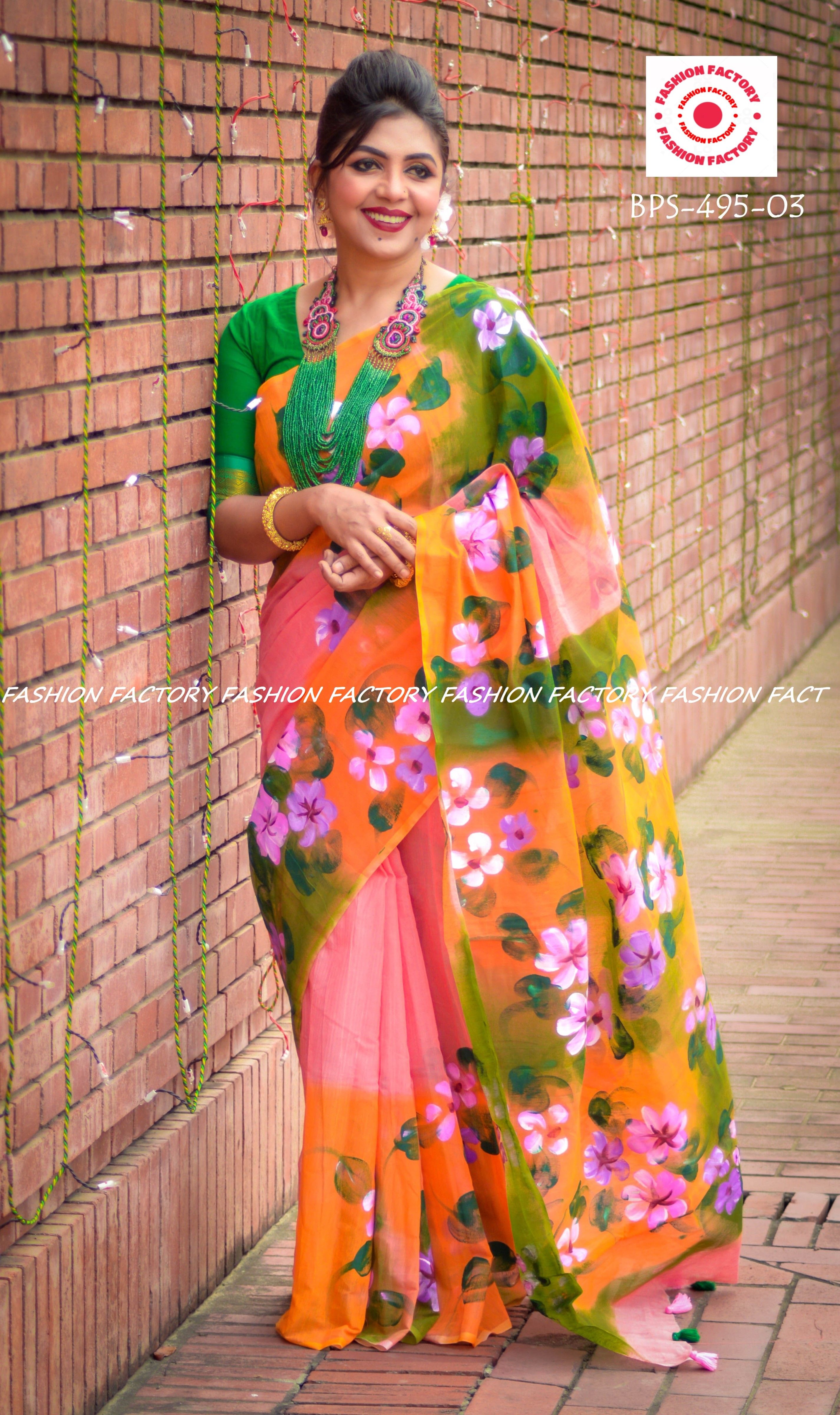 Stylish Fashionable Trendy Gorgeous Party Half Silk Misti Green Hand Paint Saree Set for Women/Girls