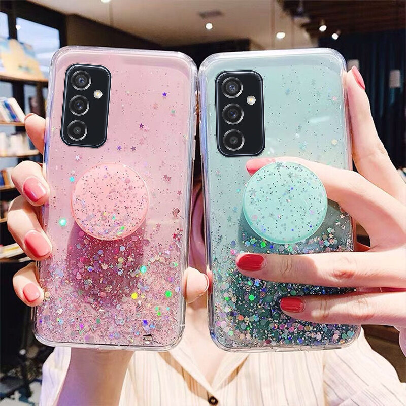 For Samsung Galaxy M13 Case Glitter Bling Soft Stars Moon Sequins Folding Bracket Transparent for Cases Samsung M13 Back Cover Casing. 