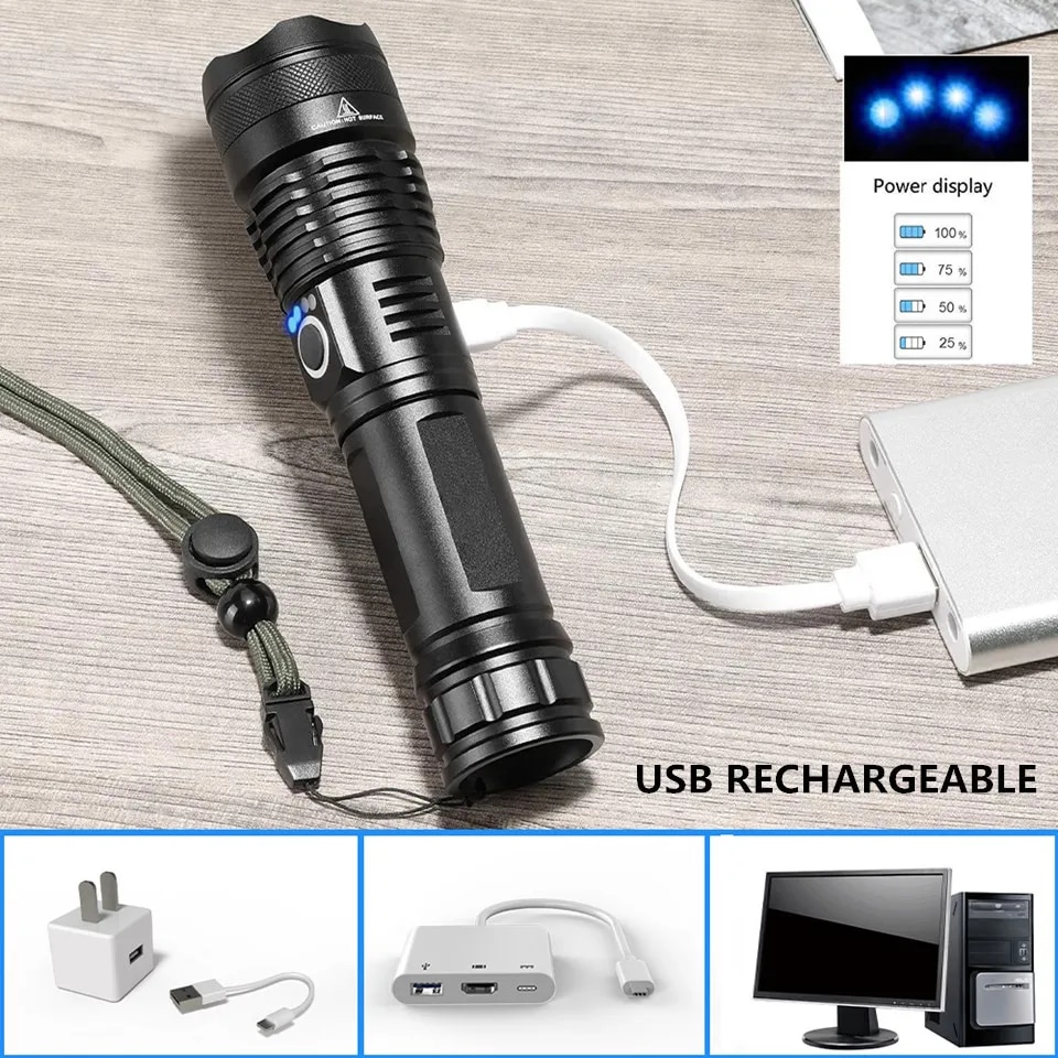 【NEW】 Flashlight Xhp70 Most Powerful LED Rechargeable Lantern Usb Zoom 18650 Battery 26650 Torch Best Camping, Outdoor & Emergency Use. 